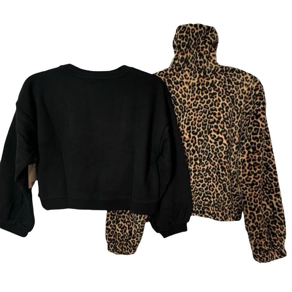New Nordstrom Bundle Leopard Fleece& Doggy Crop Sweatshirt XS Black Tan - Picture 2 of 10